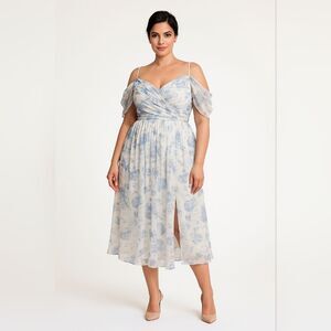 AW Bridal Bridesmaid Dress Blue Rose Floral Strapless Front Slit Formal HOCO XXL